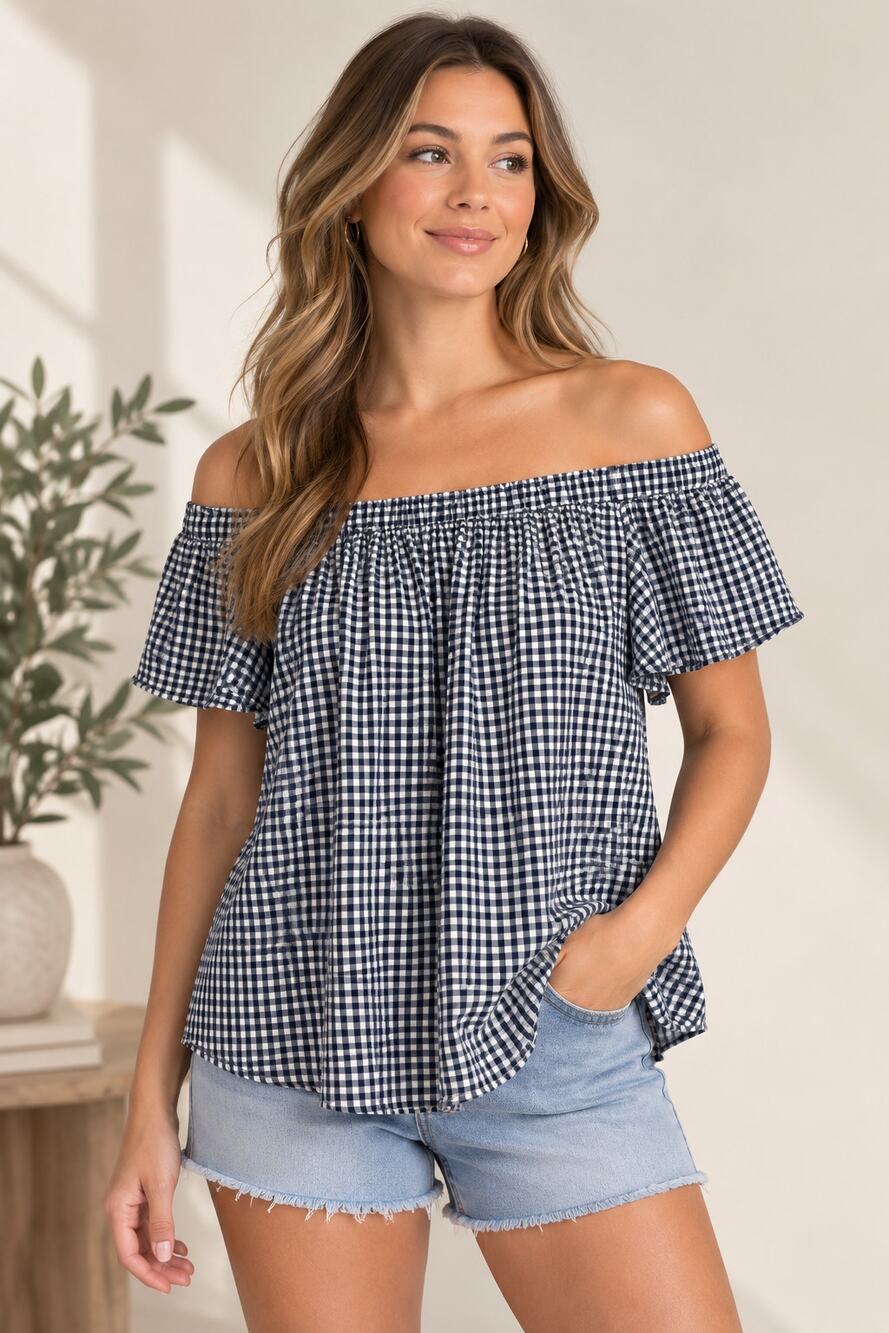 Mossimo Off the Shoulder Gingham Blue White Shirt Small Y2K Summer Cottagecore